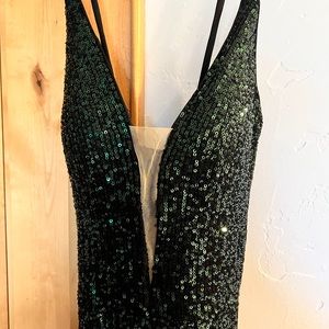 La femme dark emerald sparkly prom dress with slit and strappy back